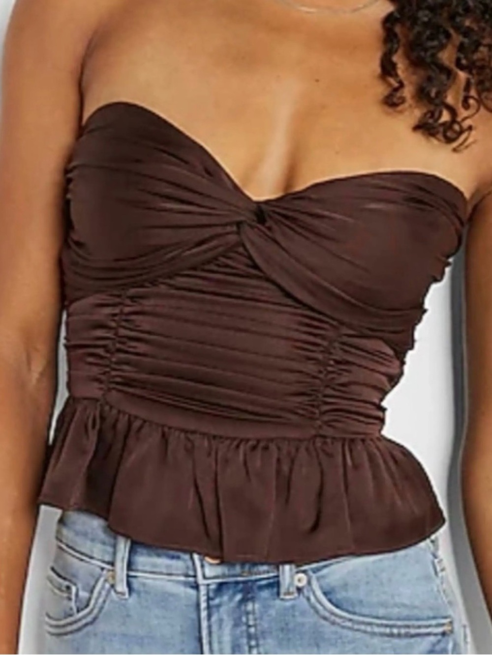 Express Brown Strapless Ruched Peplum Camisole